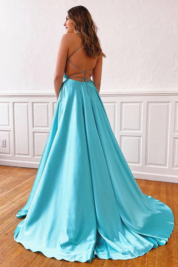 Vestido de fiesta largo de satén con encaje, tirantes finos, escote en V y abertura en la espalda